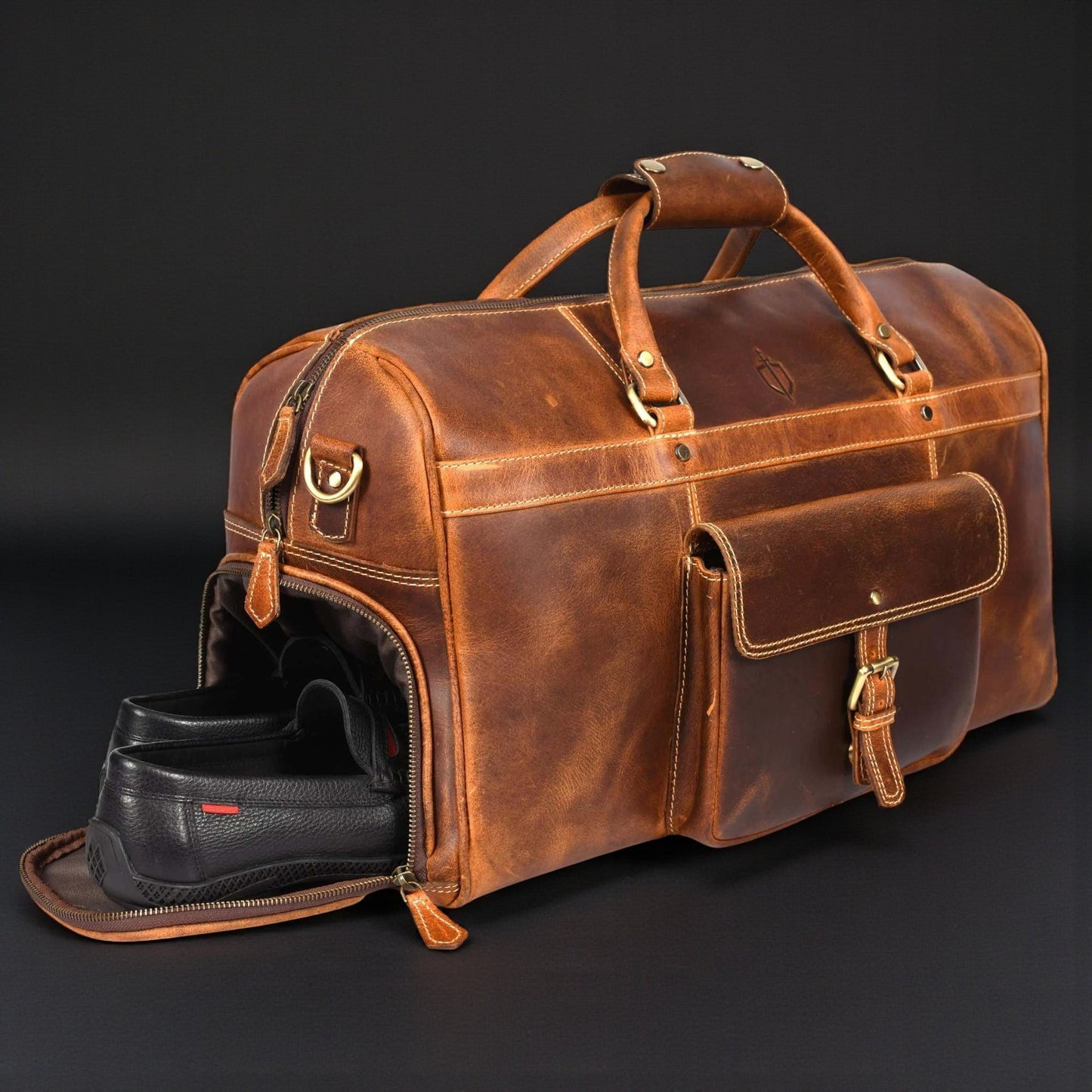 The Voyager Duffle — Cognac Full-Grain Distressed Canadian Leather Duffle Bag