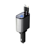 Four-in-One 120W fast car charger for iPhone and Galaxy. Compact metal car charger with LED display and two built-in cables