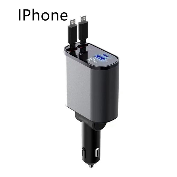 Four-in-One 120W fast car charger for iPhone and Galaxy with dual Lightning plugs and two USB-A ports