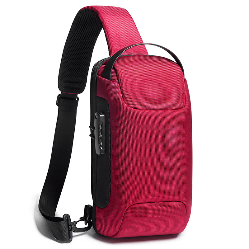 mens sports car-style shoulder bag red sling backpack with padded strap top handle and side lock