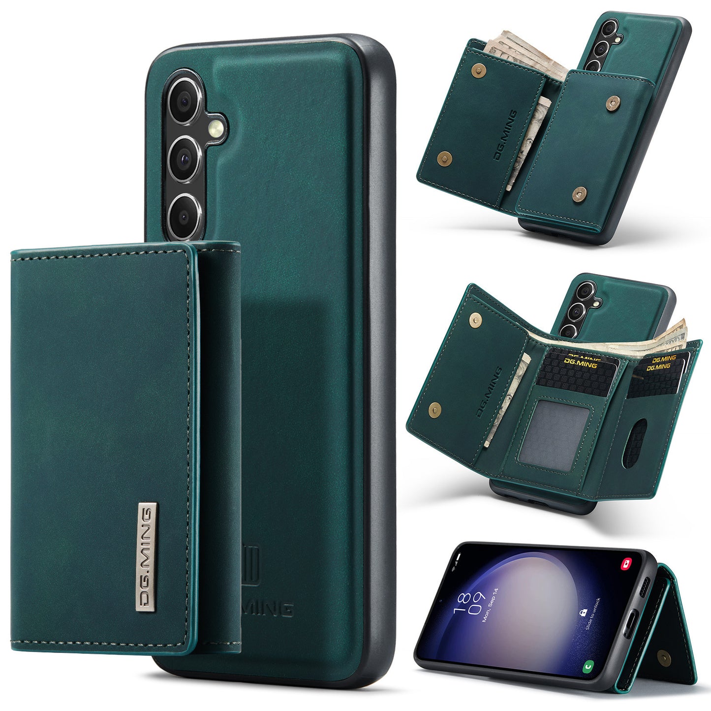 Green split wallet phone case for multiple brands with card slots and cash compartment