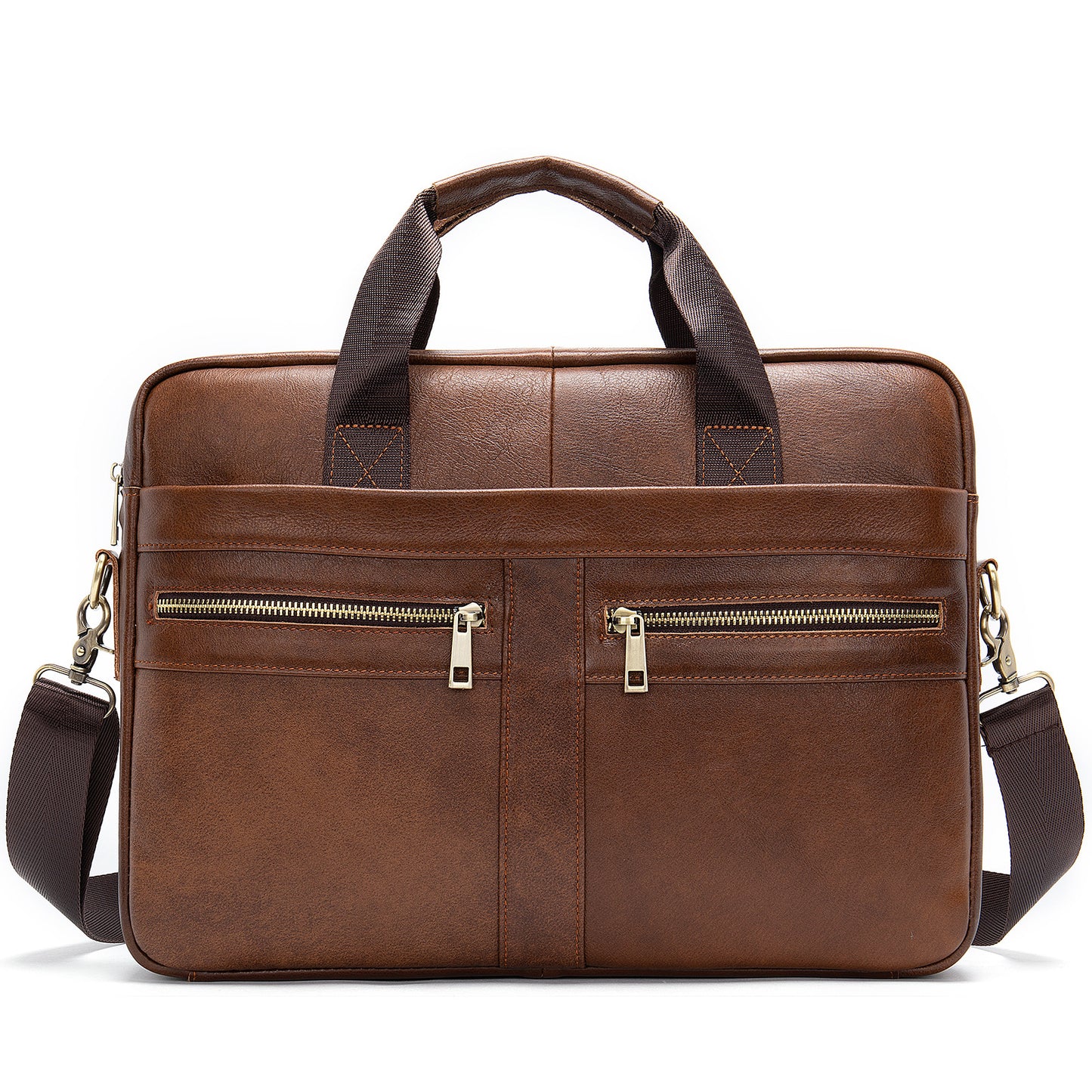 genuine leather business bag for men in brown with dual front zip pockets and shoulder strap