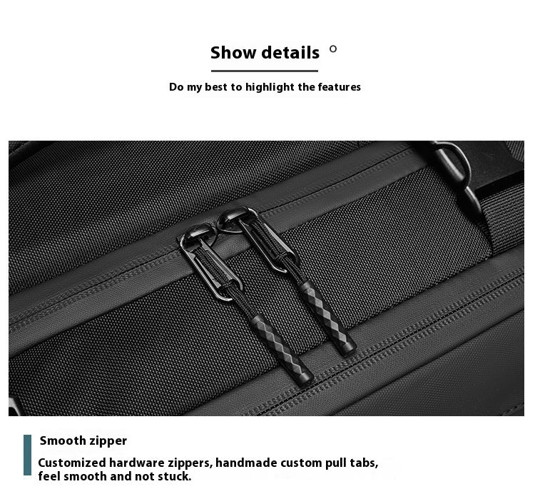 Close-up of the smooth zipper on a large-capacity business laptop bag with custom pull tabs