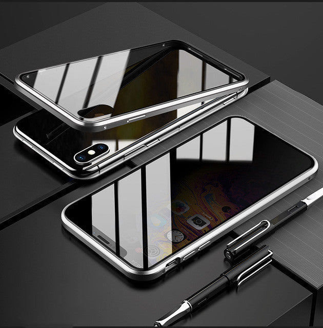 magnetic iPhone case with privacy screen showing sleek silver edges and black reflective surface
