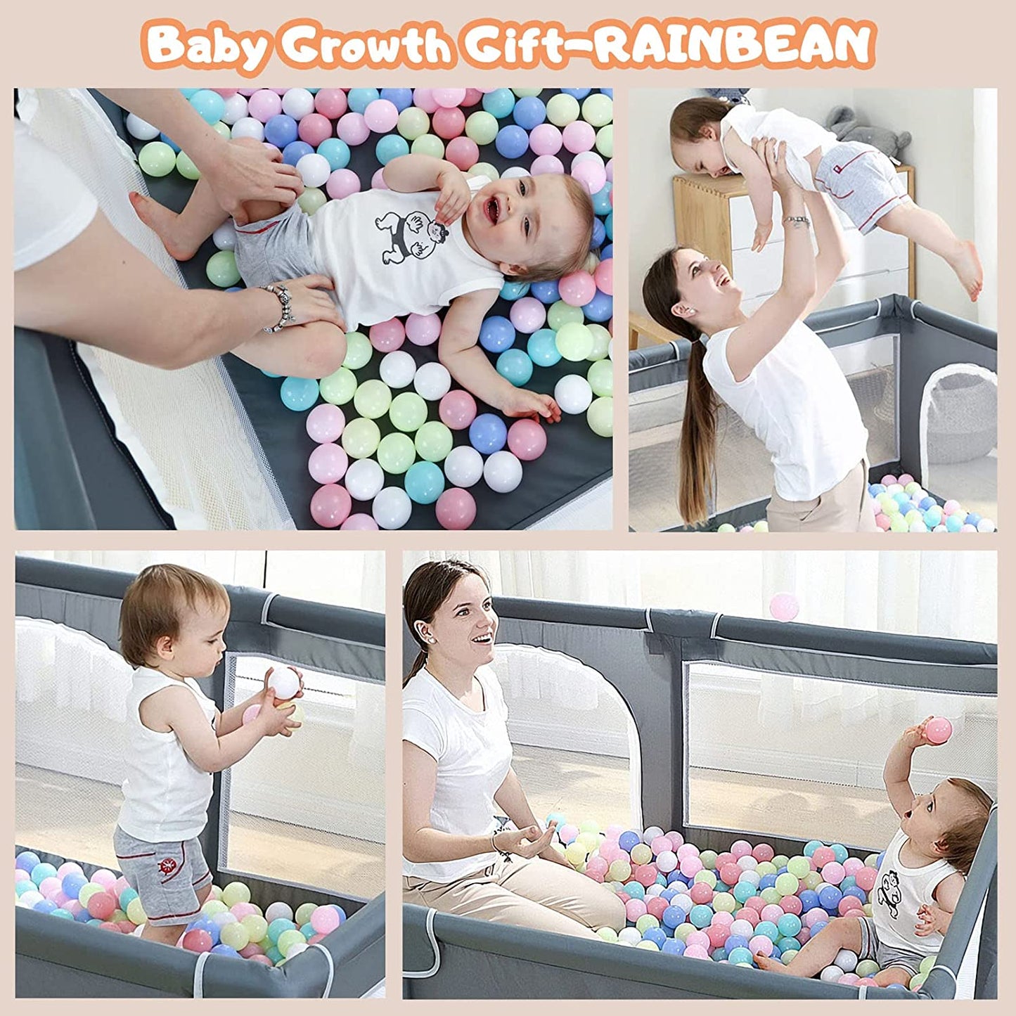 Gray CJD gated playpen for babies and toddlers with mesh sides and colorful ball pit and parent interaction