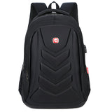 Men's hard-shell waterproof anti-theft smart laptop backpack for students. Black moulded shell with USB port