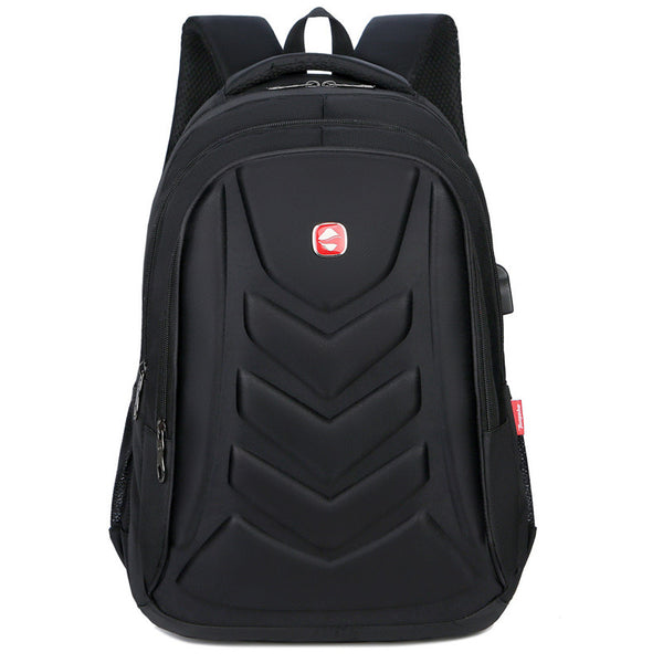 Men's hard-shell waterproof anti-theft smart laptop backpack for students. Black moulded shell with USB port