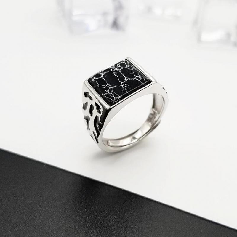 Turkish vintage black stone ring with intricate silver band design and square black stone