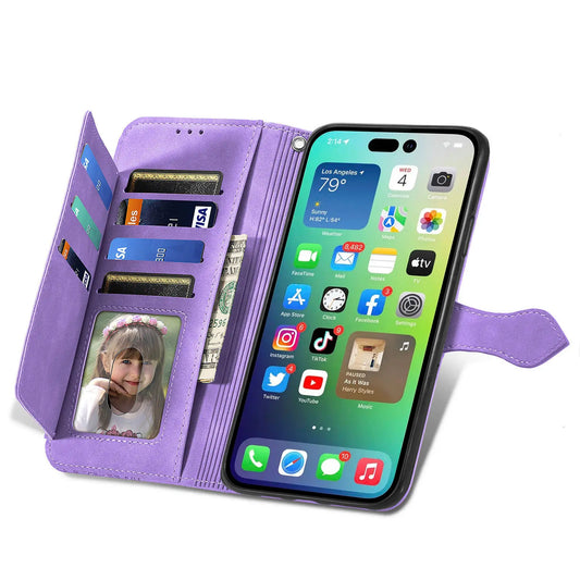 Purple wallet case for iPhone 14 13 12 with strap featuring card slots and a clear photo pocket