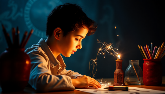 Young boy exploring a spark experiment at a desk with pencils jars and educational toys for curious children