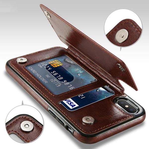 Brown leather protective phone case with wallet featuring card slots and magnetic snap closure