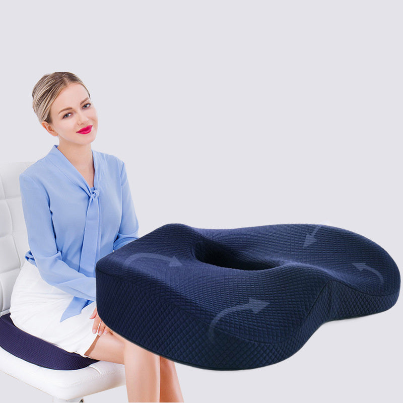 Comfortable seat cushion in navy blue designed for ergonomic support and added comfort while sitting