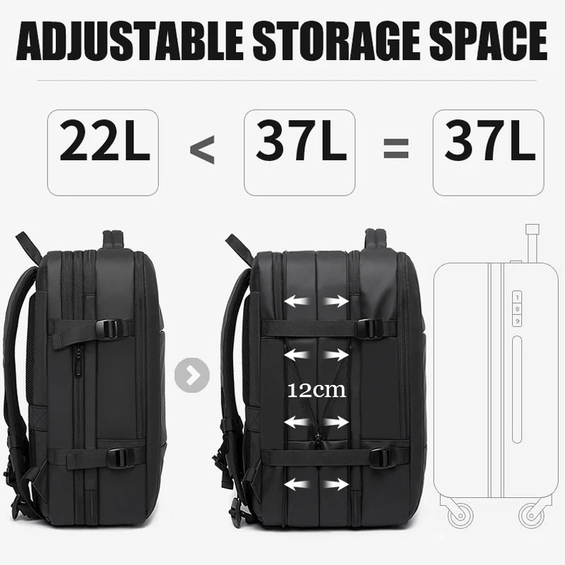 Black adjustable 17.3-inch laptop backpack for men with expandable storage and sleek design