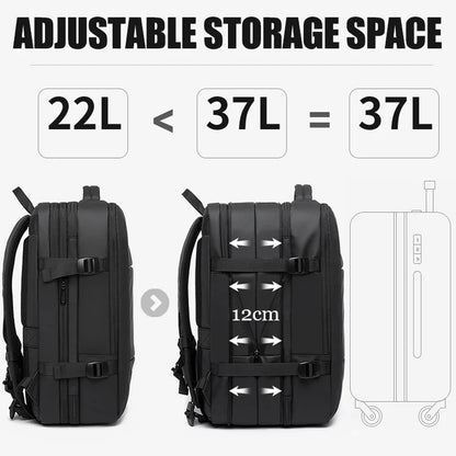 Black adjustable 17.3-inch laptop backpack for men with expandable storage and sleek design