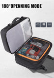 Open 17.3-inch laptop backpack for men featuring spacious compartments and 180-degree opening for easy access