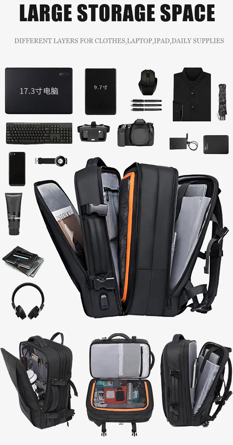 17.3-inch laptop backpack for men with spacious compartments for clothes, tech, and daily essentials