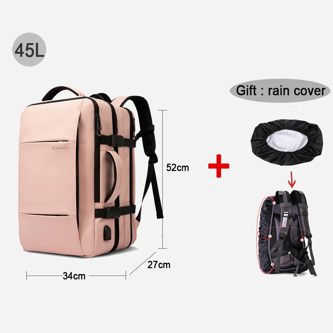 45L pink backpack with a rain cover, designed as a 17.3-inch laptop backpack for men