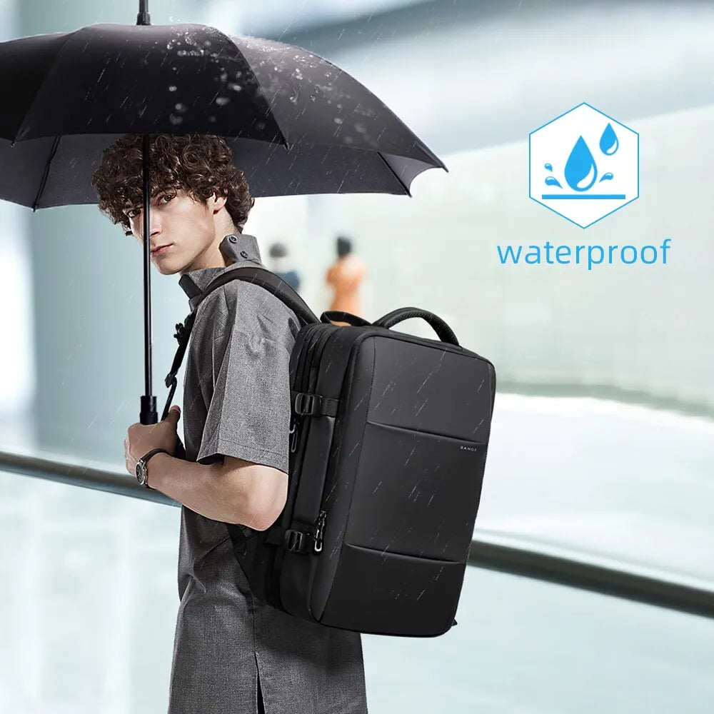 Stylish 17.3-inch laptop backpack for men showcased with a model under an umbrella