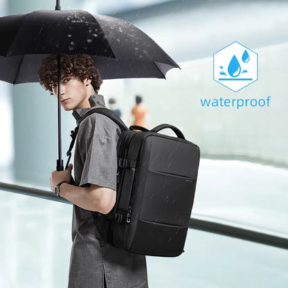 Stylish 17.3-inch laptop backpack for men showcased with a model under an umbrella