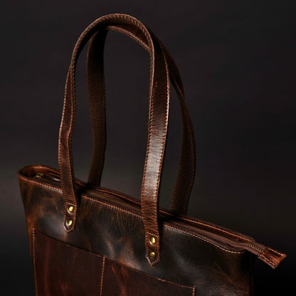 Full-grain Distressed Canadian Leather |Classic Brown Leather Tote Bag