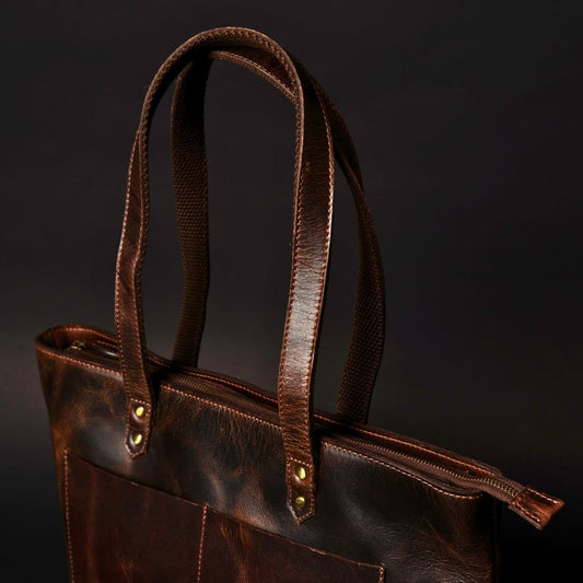 Full-grain Distressed Canadian Leather |Classic Brown Leather Tote Bag
