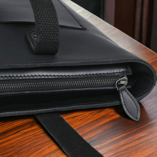 Full-grain Distressed Canadian Leather | Classic Black Leather Tote Bag