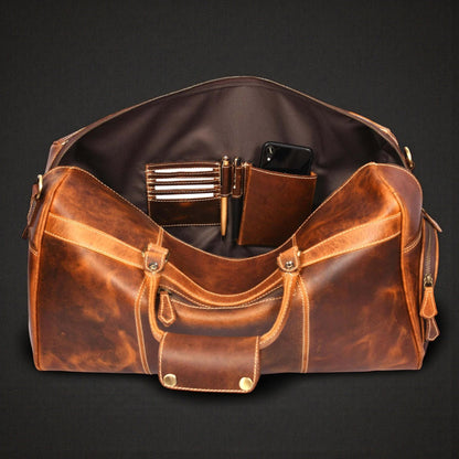 The Voyager Duffle — Cognac Full-Grain Distressed Canadian Leather Duffle Bag