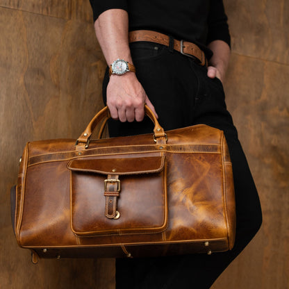 The Voyager Duffle — Cognac Full-Grain Distressed Canadian Leather Duffle Bag