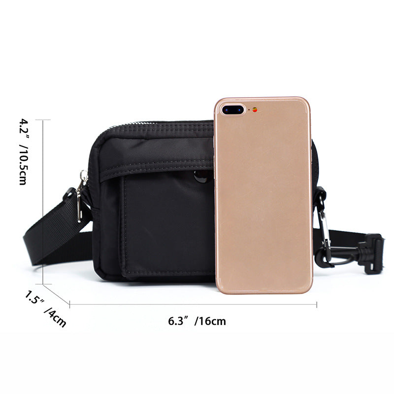 black affordable men's phone case bag with adjustable strap and front pocket next to phone