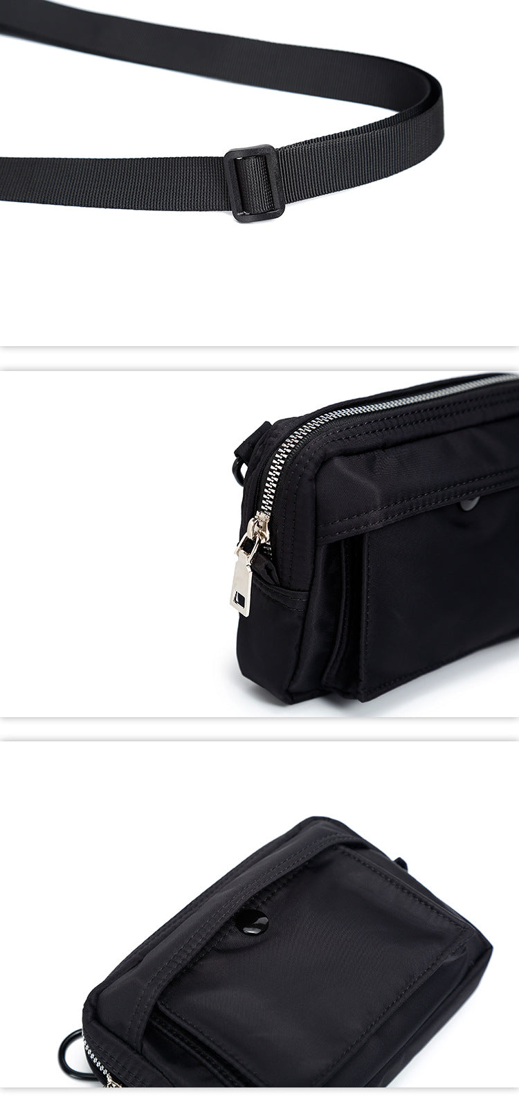 black affordable men's phone case bag with adjustable strap and multiple zippered compartments