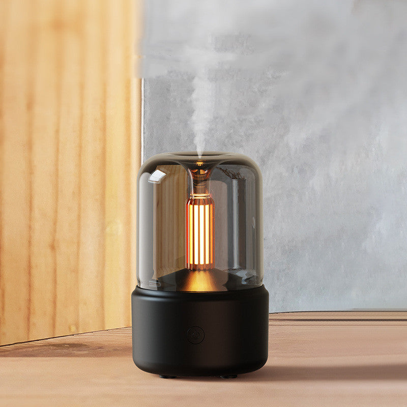 120ml LED nightlight humidifier with glass dome black base and warm filament glow emitting mist