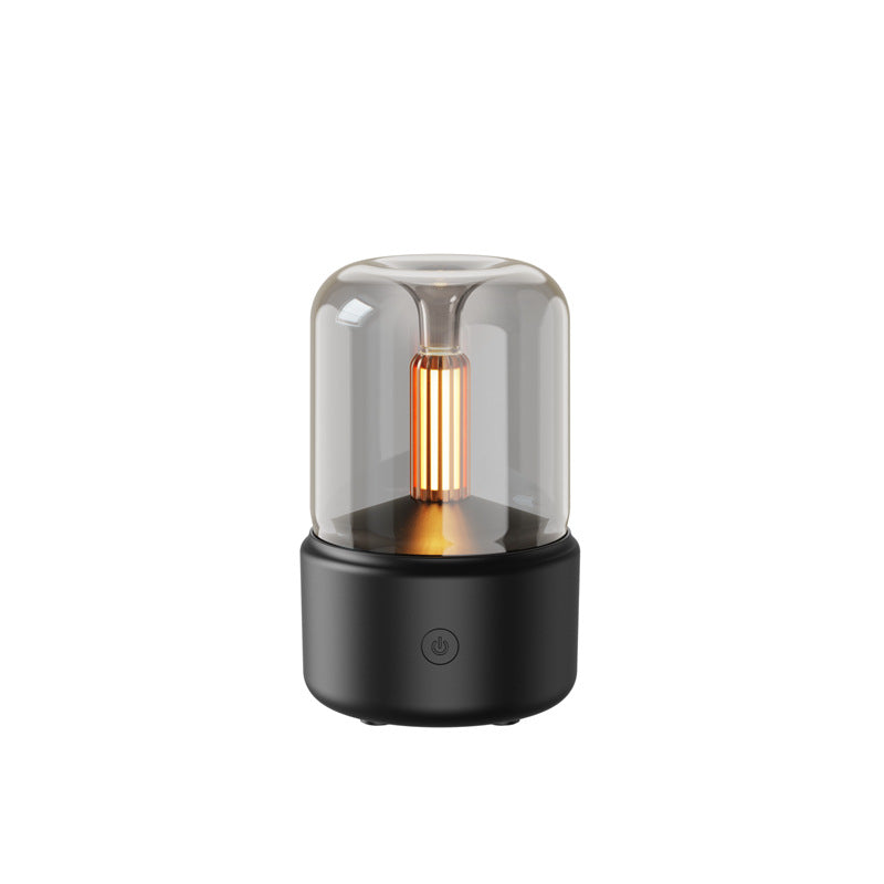 120ml LED nightlight humidifier with black base clear glass dome and warm filament amber LED for bedroom