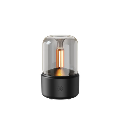 120ml LED nightlight humidifier with black base clear glass dome and warm filament amber LED for bedroom