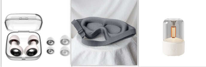 120ml LED nightlight humidifier lamp style with clear dome on right beside earbuds case and gray sleep mask