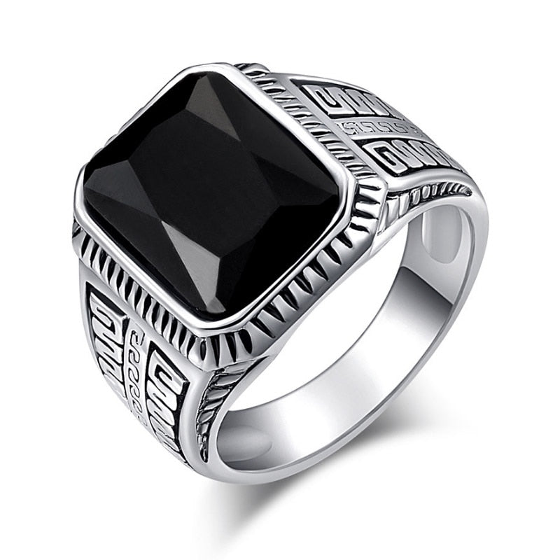 vintage men's ring with semi-precious stone black onyx rectangular faceted gem engraved silver band