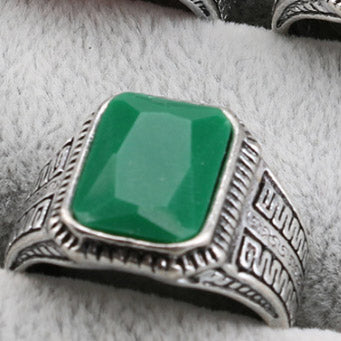 vintage men's ring with semi-precious stone green rectangular faceted stone set in engraved sterling silver band
