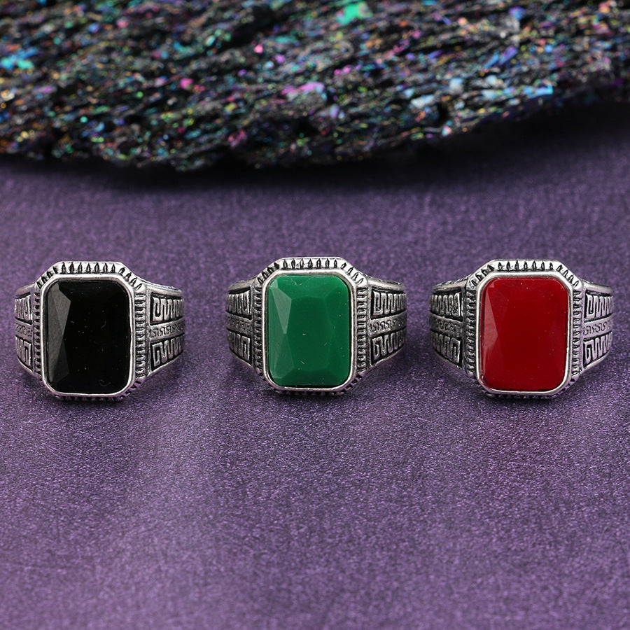 Three CJD vintage men's ring with semi-precious stone styles in silver with black green and red stones