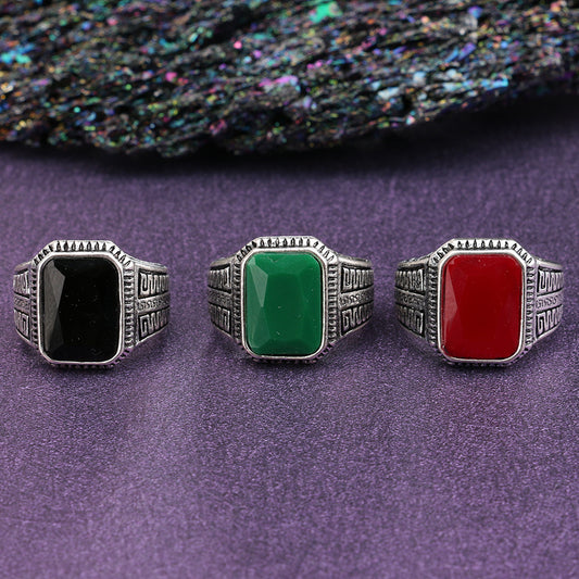 Three CJD vintage men's ring with semi-precious stone styles in silver with black green and red stones