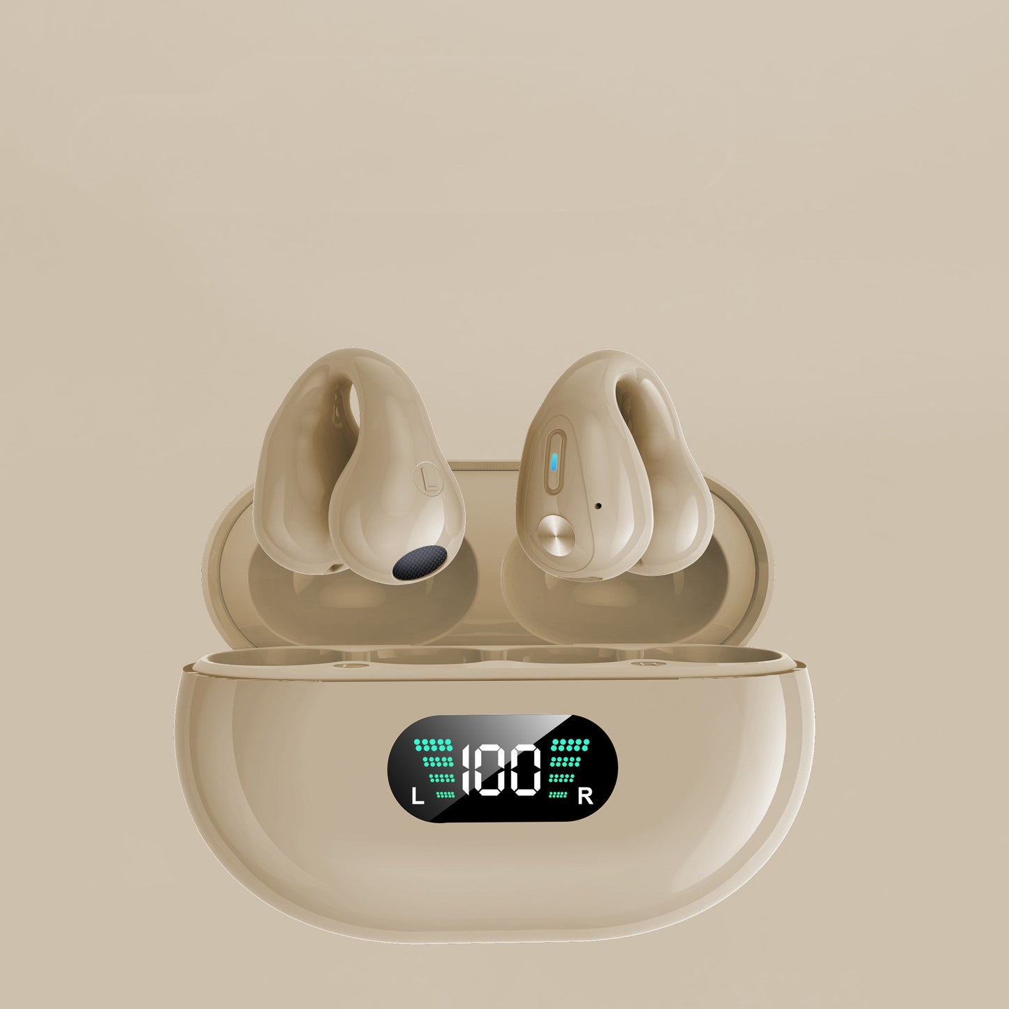 Beige earpods in charging case with LED battery display Bluetooth 5.3 HIFI bone conduction earbuds