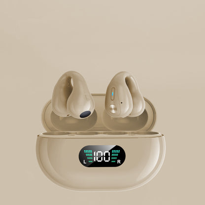 Beige earpods in charging case with LED battery display Bluetooth 5.3 HIFI bone conduction earbuds