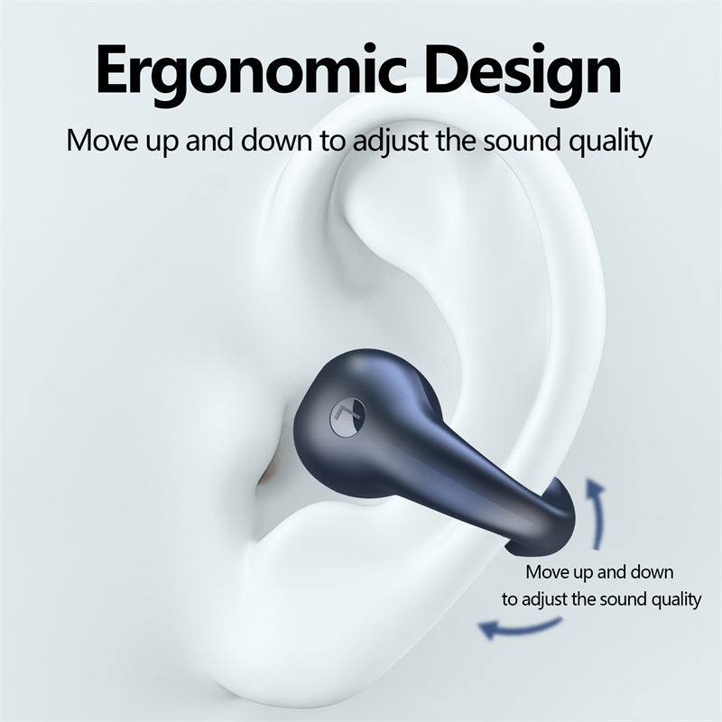 Bluetooth 5.3 HIFI bone conduction earbuds ergonomic earpod shown in ear with adjustable up and down fit