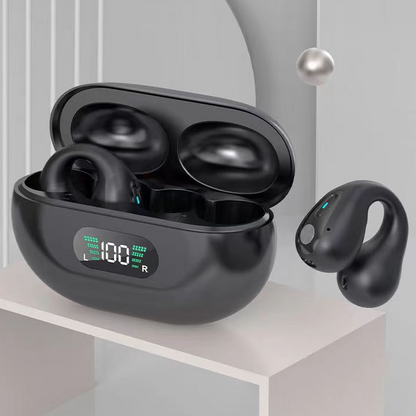 black earpods with charging case and LED display Bluetooth 5.3 HIFI bone conduction earbuds showing battery