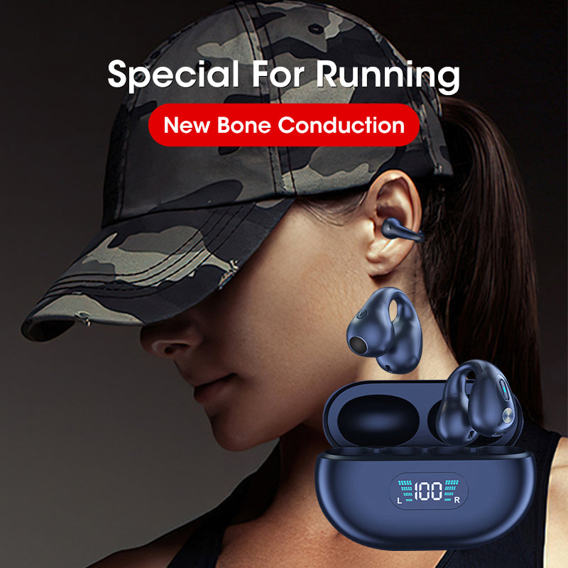 runner wearing navy Bluetooth 5.3 HIFI bone conduction earbuds with charging case and battery display