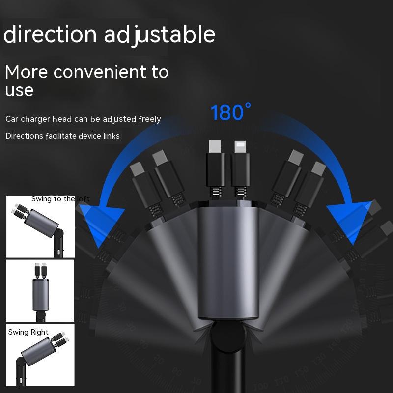 Four-in-One 120W fast car charger for iPhone and Galaxy. Adjustable 180-degree rotating charger head with multiple connectors