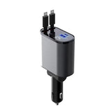 Four-in-One 120W fast car charger for iPhone and Galaxy. Car adapter with two USB-A ports and built-in Lightning cables