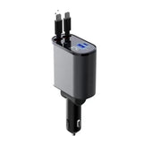 Four-in-One 120W fast car charger for iPhone and Galaxy. black gray car charger with dual USB-C and dual USB-A ports