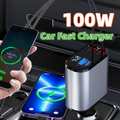 Four-in-One 120W fast car charger for iPhone and Galaxy. Compact silver car charger with LED display and three ports