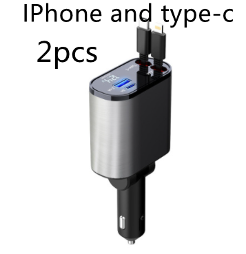 Four-in-One 120W fast car charger for iPhone and Galaxy. Dual-port stainless steel car adapter with two cables