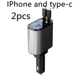 Four-in-One 120W fast car charger for iPhone and Galaxy. Dual-port stainless steel car adapter with two cables