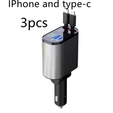 Four-in-One 120W fast car charger for iPhone and Galaxy. stainless car adapter with LED and Lightning, and USB-C cables